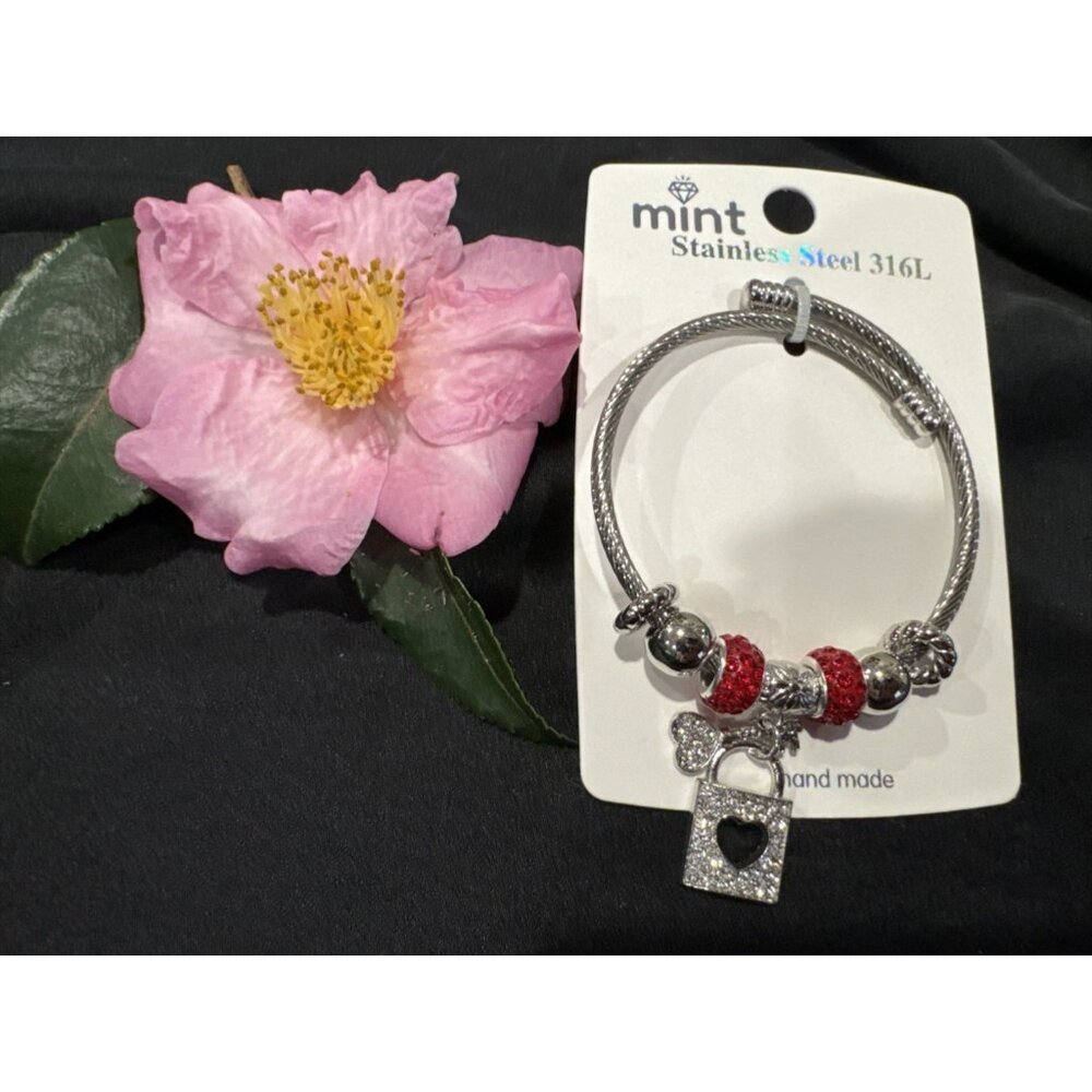 Mint Stainless Steel Heart PadLock Crystals Charm Silvertone Bangle Bracelet NEW